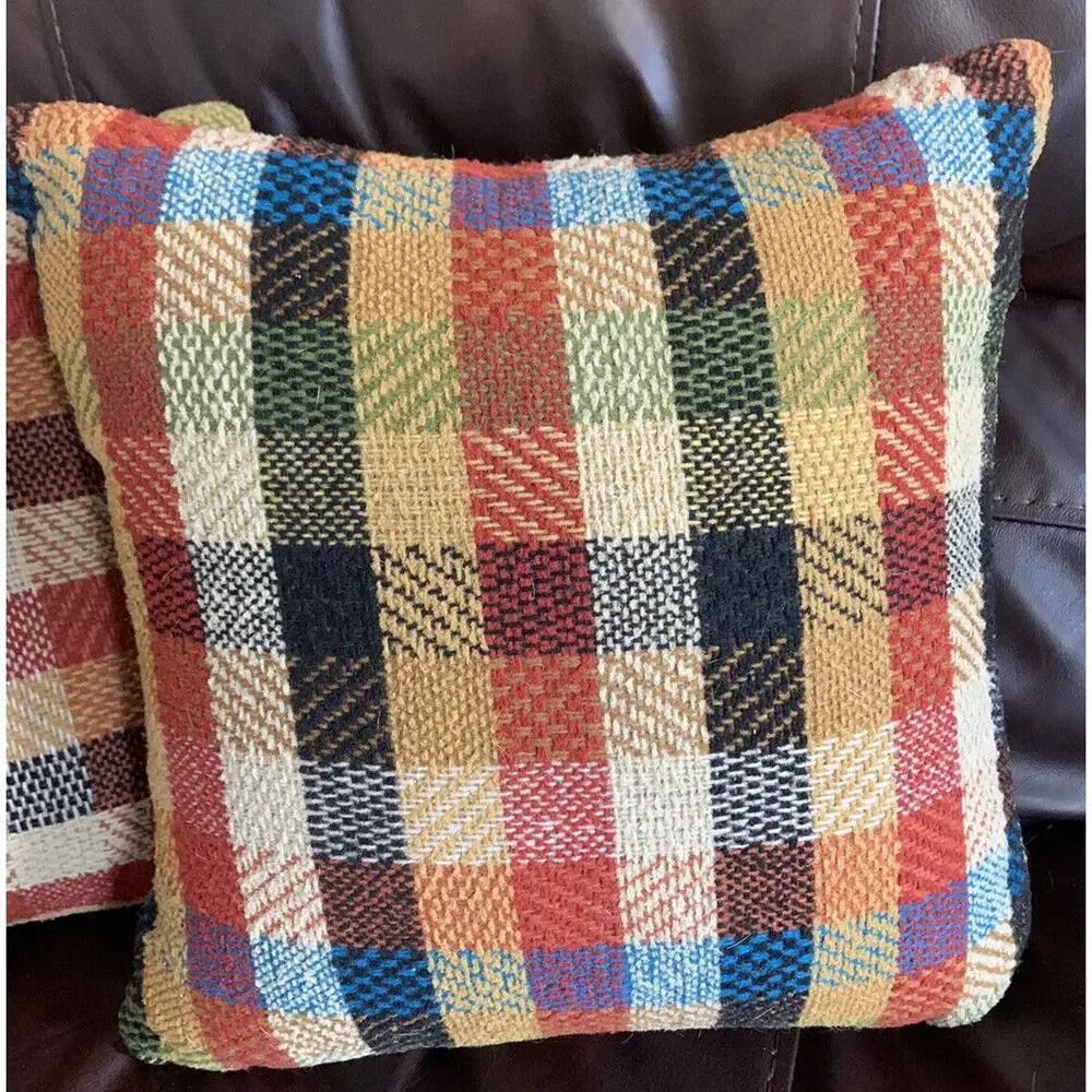 2 Vtg Retro Orange multi Plaid Throw Pillows 60s 70s Funky Mod boho rustic cabin